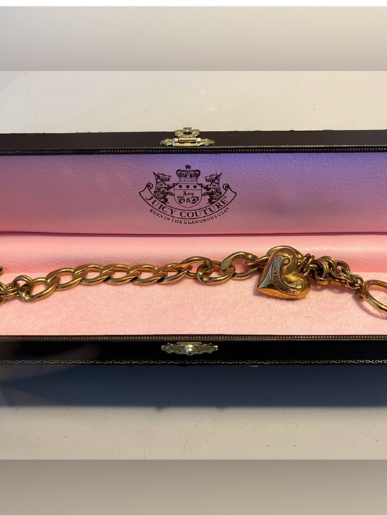 Juicy Couture Jewelry - RARE VINTAGE Y2K Juicy Couture Gold-Tone Heart Charm Bracelet with Pink Case